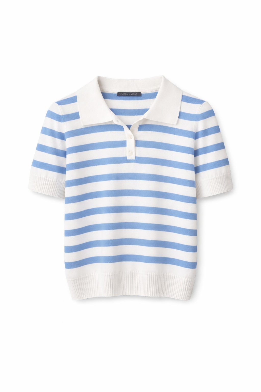 Жіночий смугастий пуловер-поло з бавовни та кашеміру з коротким рукавом Блакитно-Молочного кольору